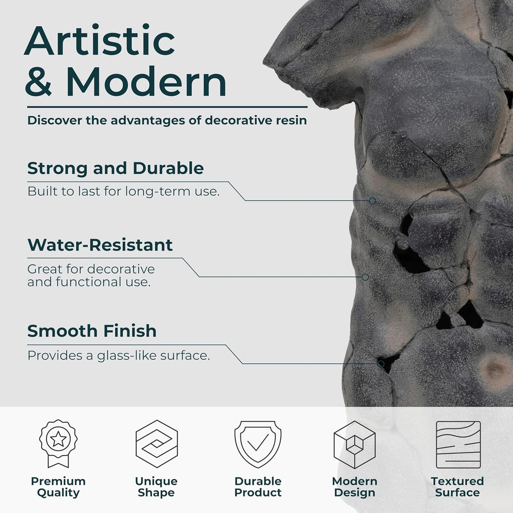 Modern Cracked Male Torso Sculpture | Black Textured Polyresin Abstract Statue (25”)