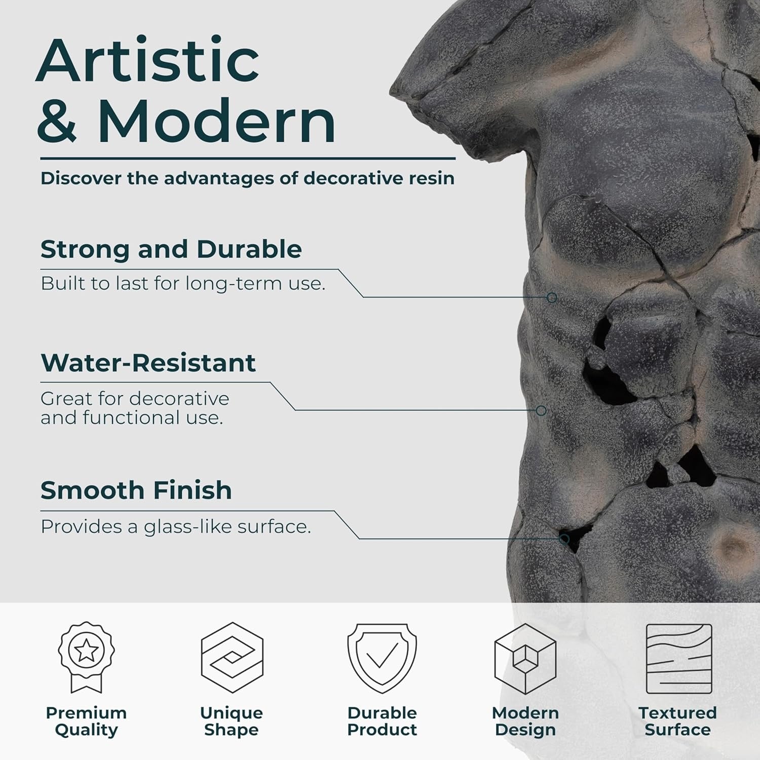 Modern Cracked Male Torso Sculpture | Black Textured Polyresin Abstract Statue (25”)