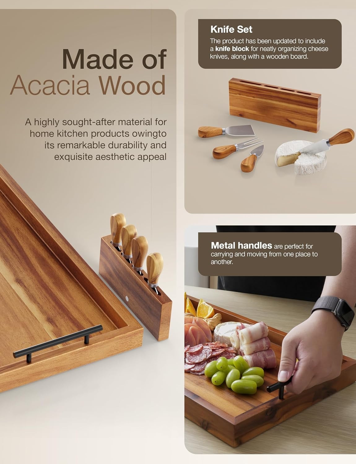 24" Acacia Wood Charcuterie Board with Handles | Extra Long Wooden Serving Tray for Cheese & Appetizers