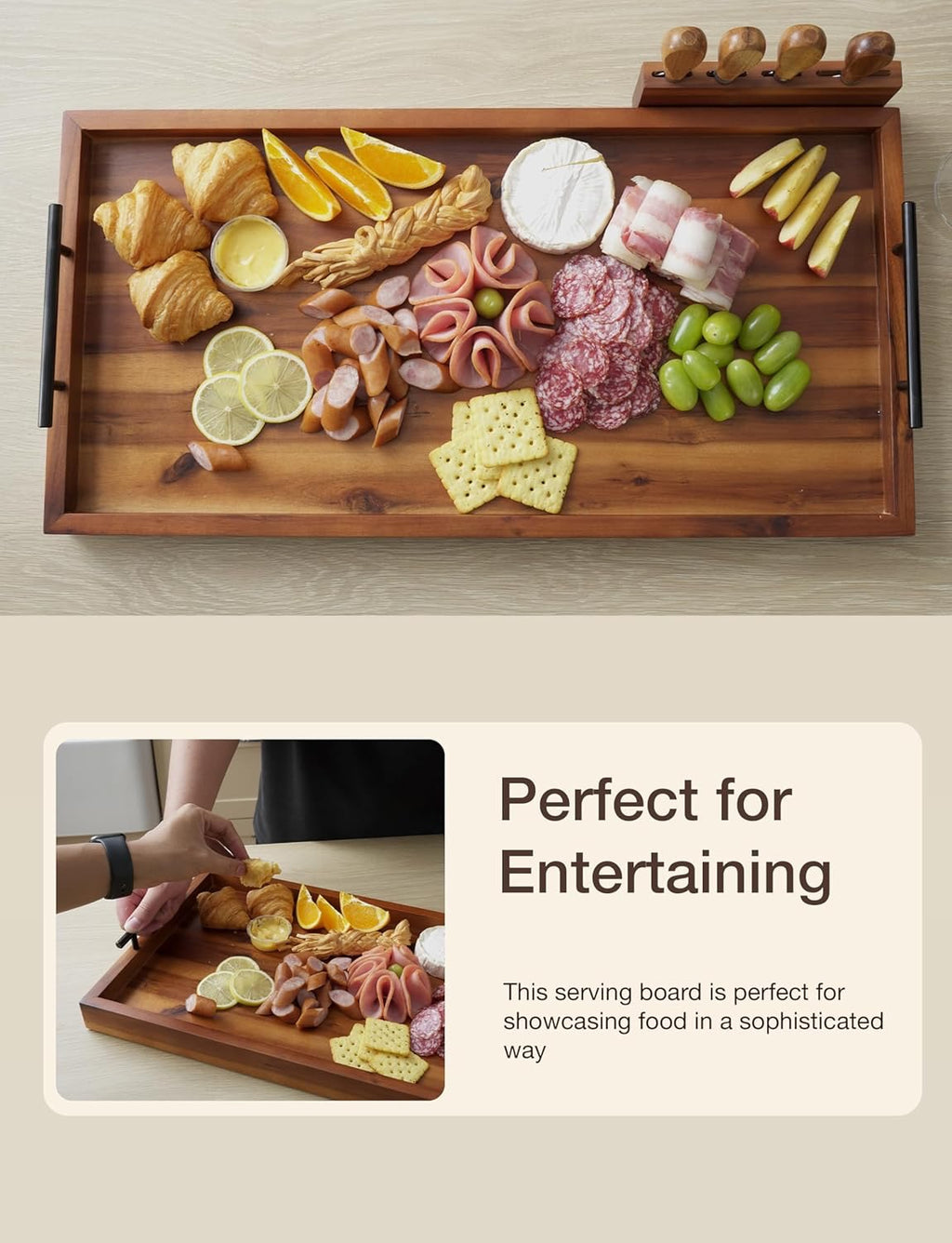 24" Acacia Wood Charcuterie Board with Handles | Extra Long Wooden Serving Tray for Cheese & Appetizers