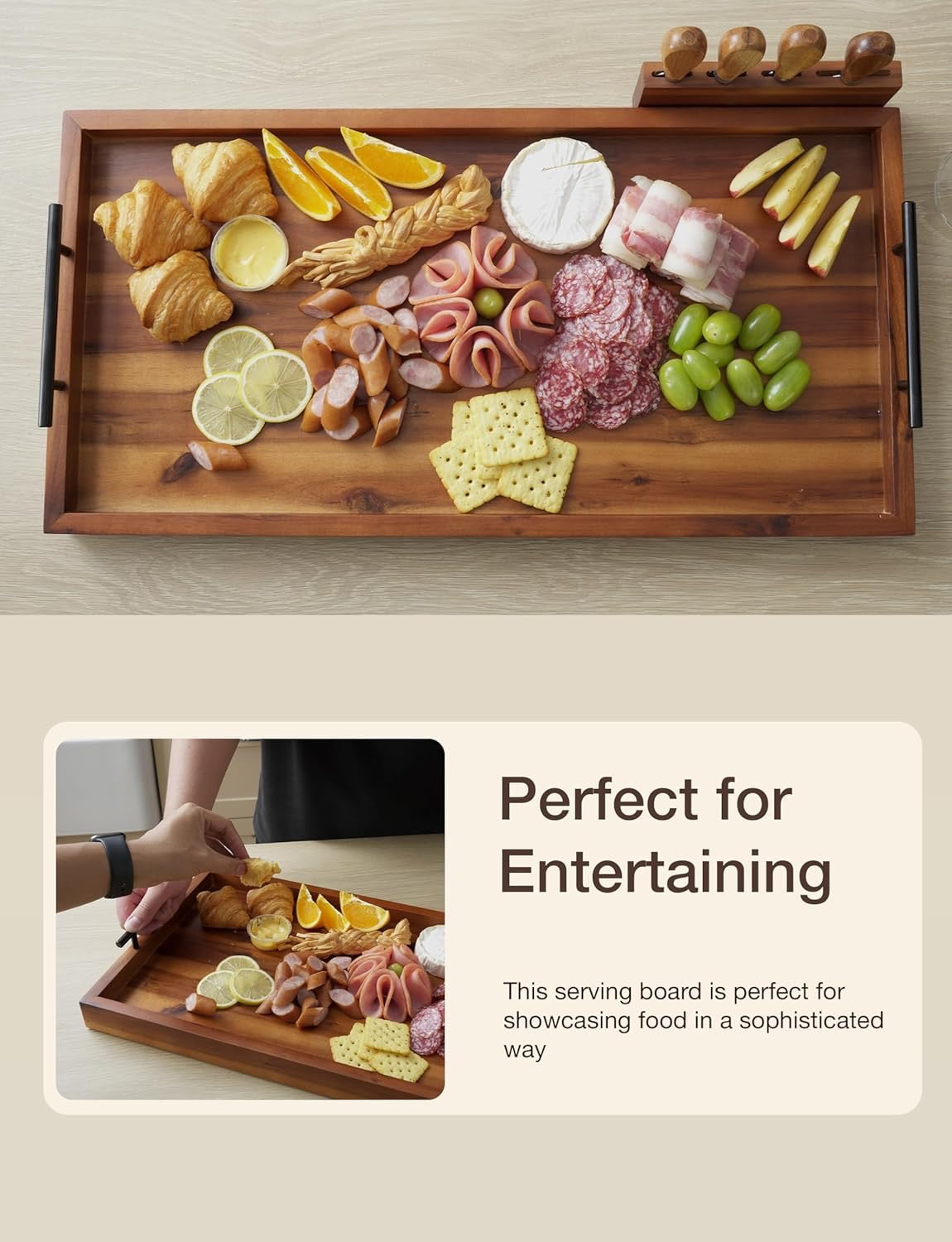 24" Acacia Wood Charcuterie Board with Handles | Extra Long Wooden Serving Tray for Cheese & Appetizers