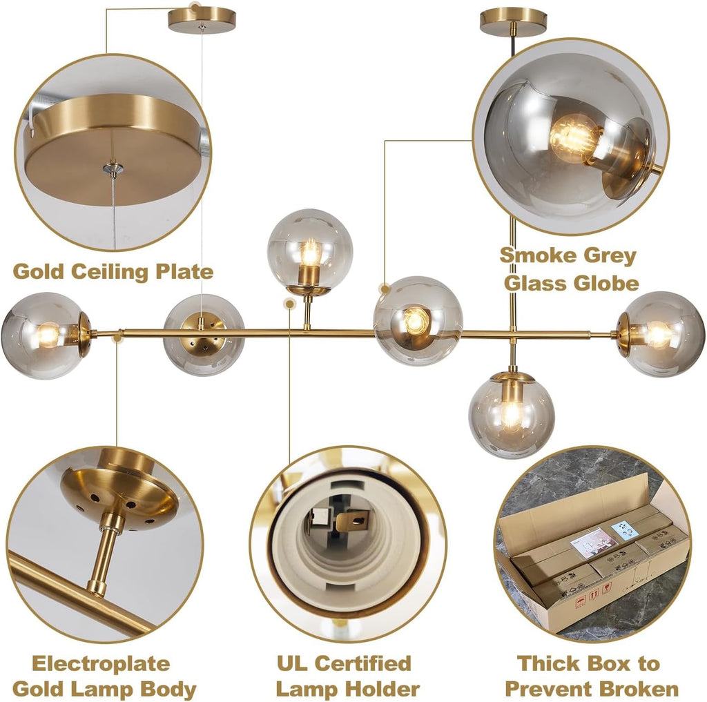 KCO Lighting 6-Light Globe Sputnik Chandelier | Brass Gold Linear Pendant with Smoke Glass Shades