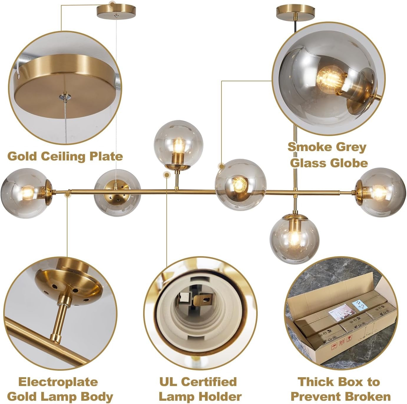 KCO Lighting 6-Light Globe Sputnik Chandelier | Brass Gold Linear Pendant with Smoke Glass Shades