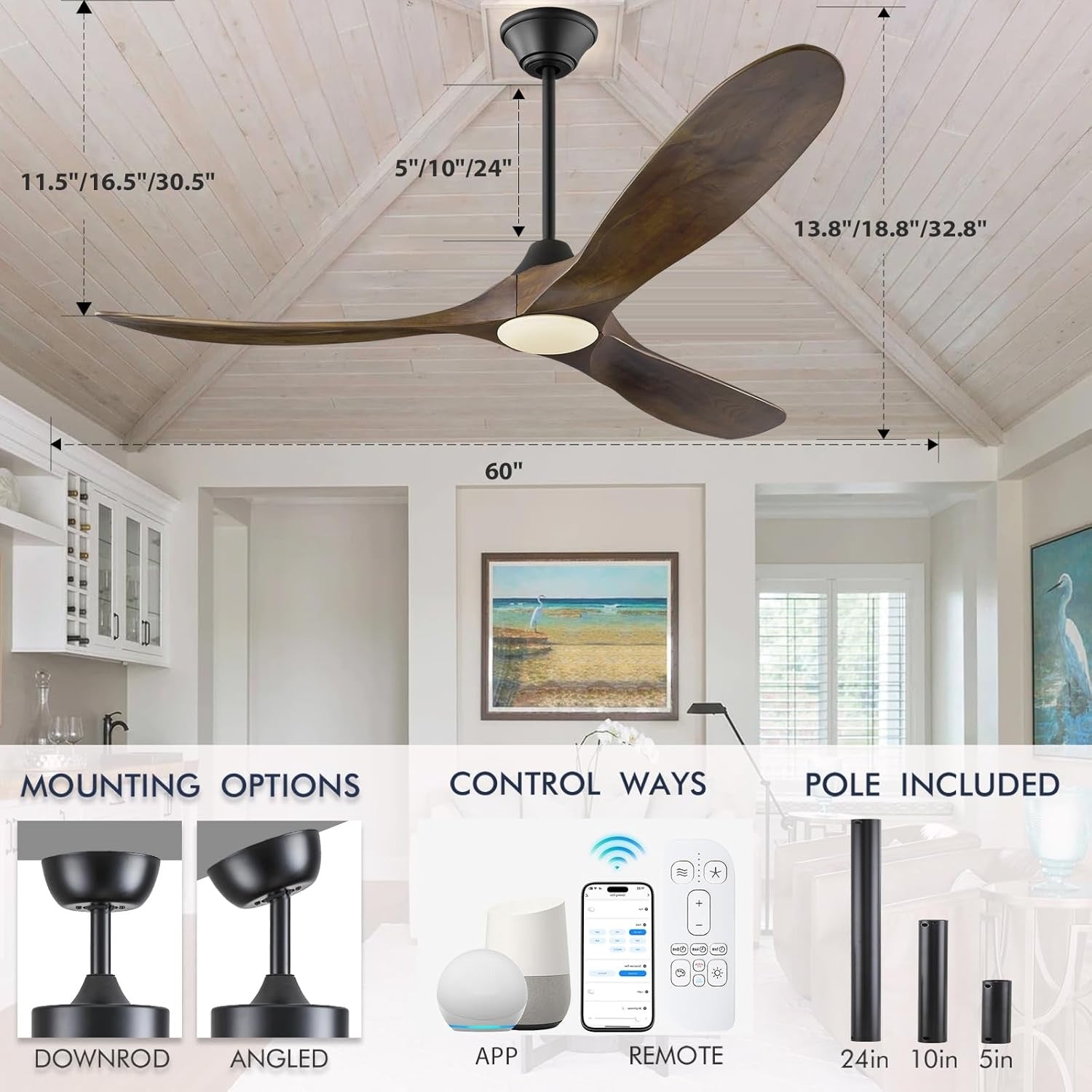 60″ Outdoor Ceiling Fan with Light | Damp-Rated Patio & Porch Fan with Remote & Smart Control