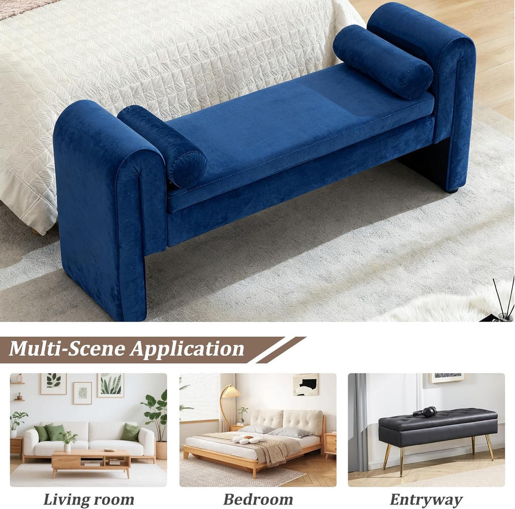 Velvet Tufted Storage Bench with Rolled Arms | Navy Upholstered End-of-Bed Ottoman with Solid Wood Legs