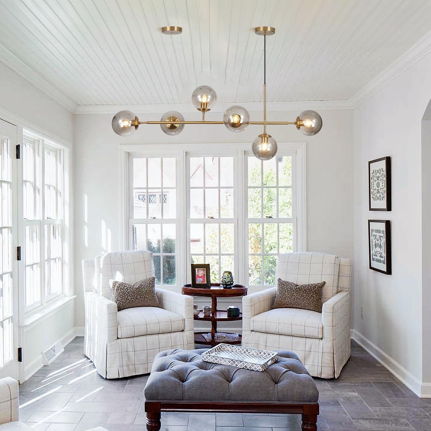 KCO Lighting 6-Light Globe Sputnik Chandelier | Brass Gold Linear Pendant with Smoke Glass Shades