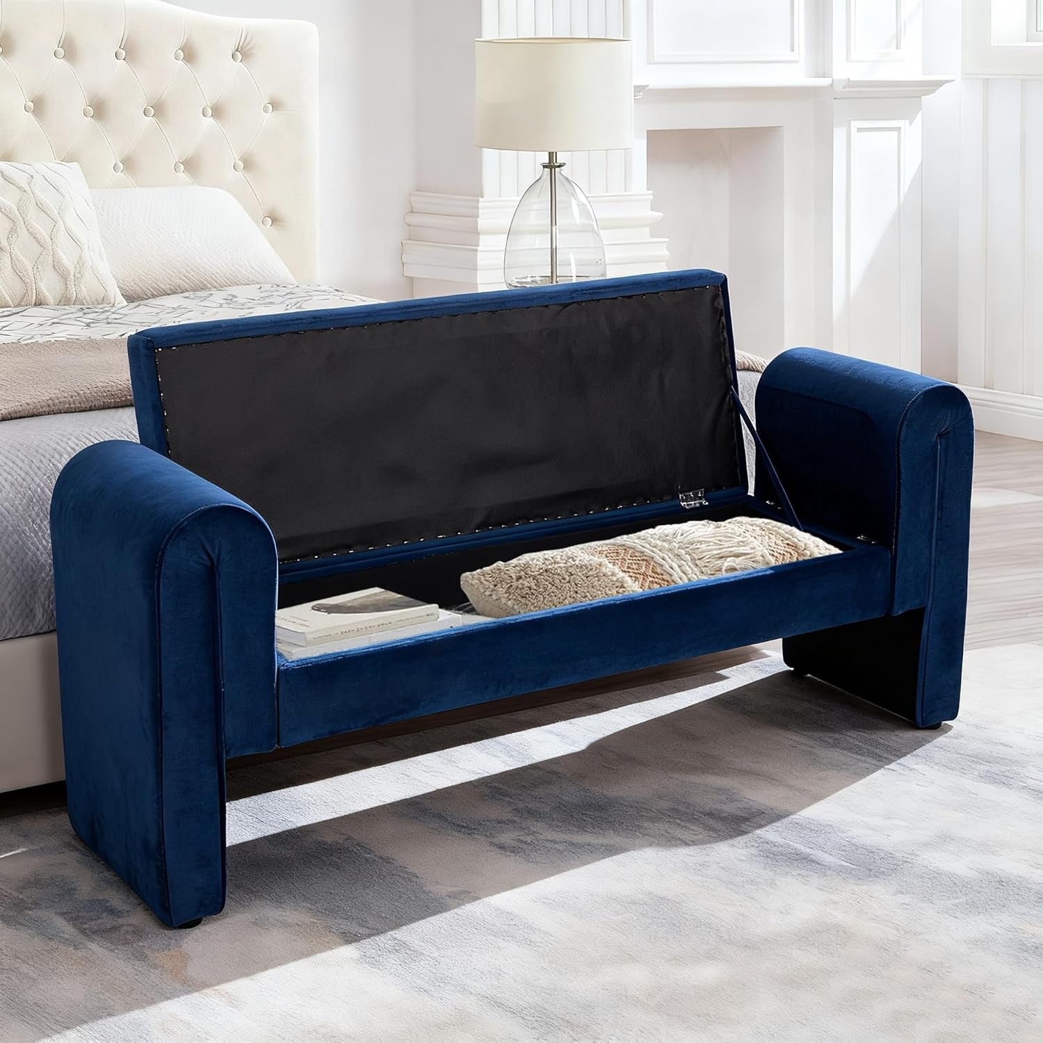 Velvet Tufted Storage Bench with Rolled Arms | Navy Upholstered End-of-Bed Ottoman with Solid Wood Legs