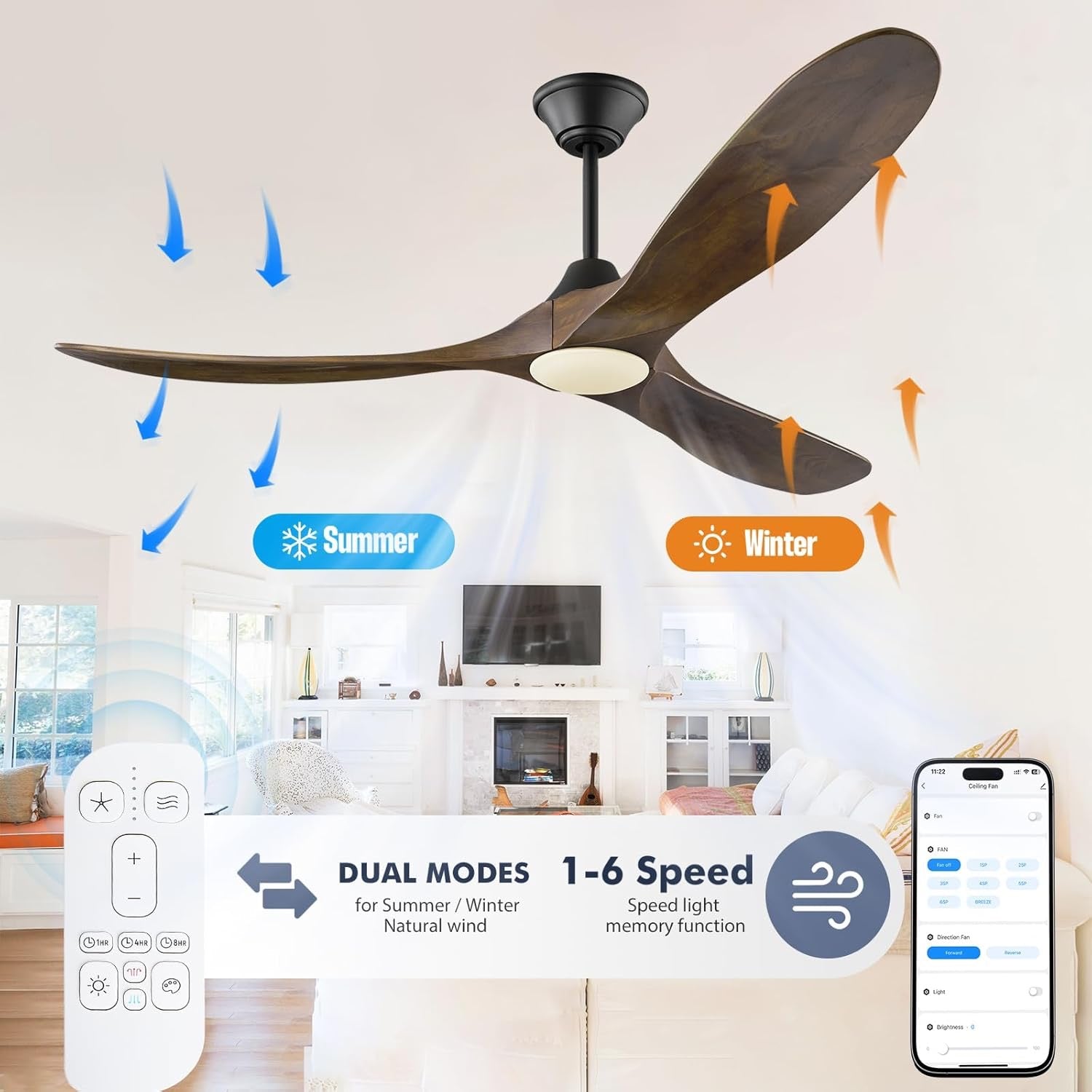 60″ Outdoor Ceiling Fan with Light | Damp-Rated Patio & Porch Fan with Remote & Smart Control