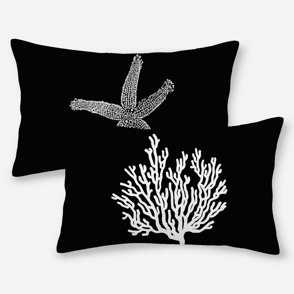 Coastal Starfish Lumbar Pillow Covers (12x20, Set of 2, Black) | Nautical Linen Throw Pillows for Sofa &amp; Bed