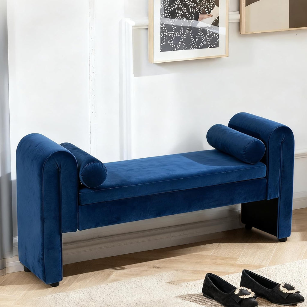 Velvet Tufted Storage Bench with Rolled Arms | Navy Upholstered End-of-Bed Ottoman with Solid Wood Legs