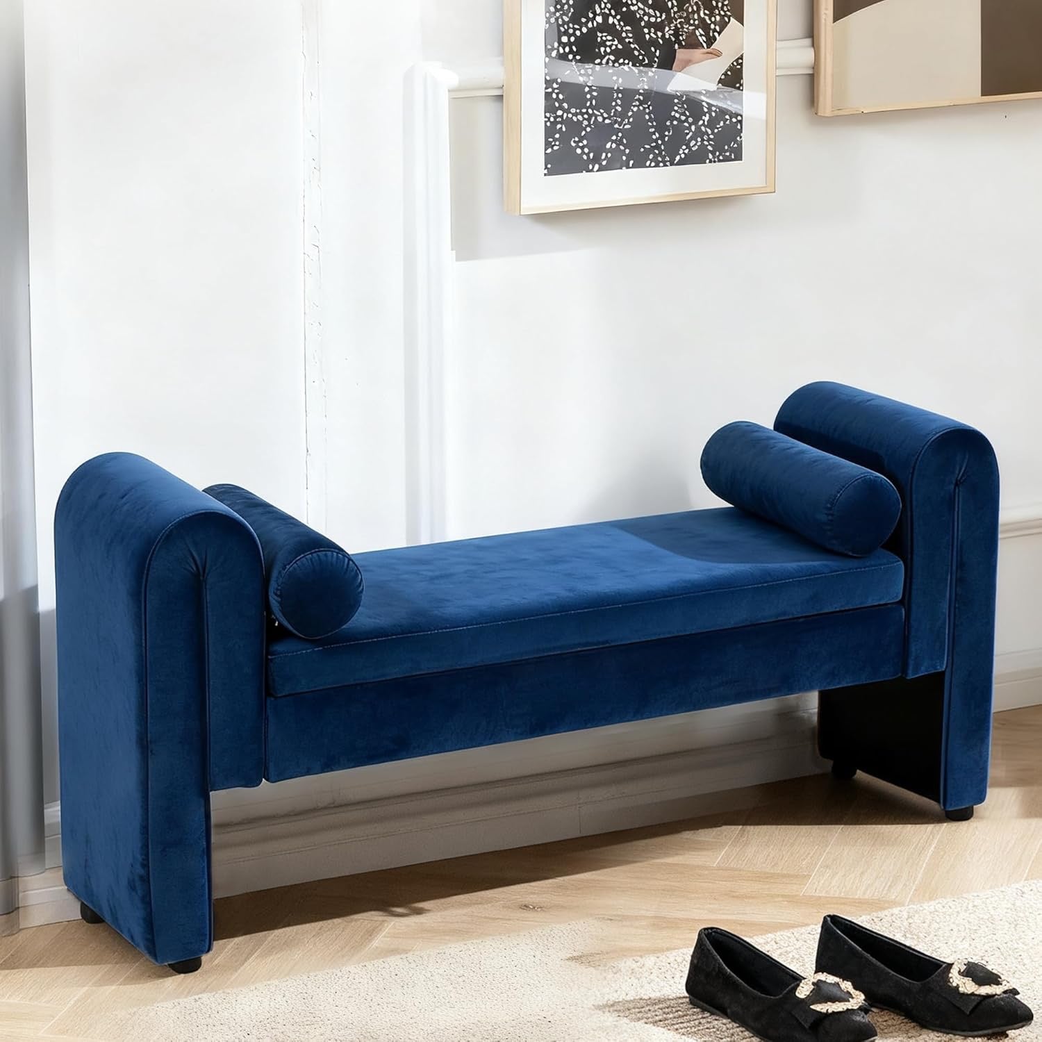 Velvet Tufted Storage Bench with Rolled Arms | Navy Upholstered End-of-Bed Ottoman with Solid Wood Legs