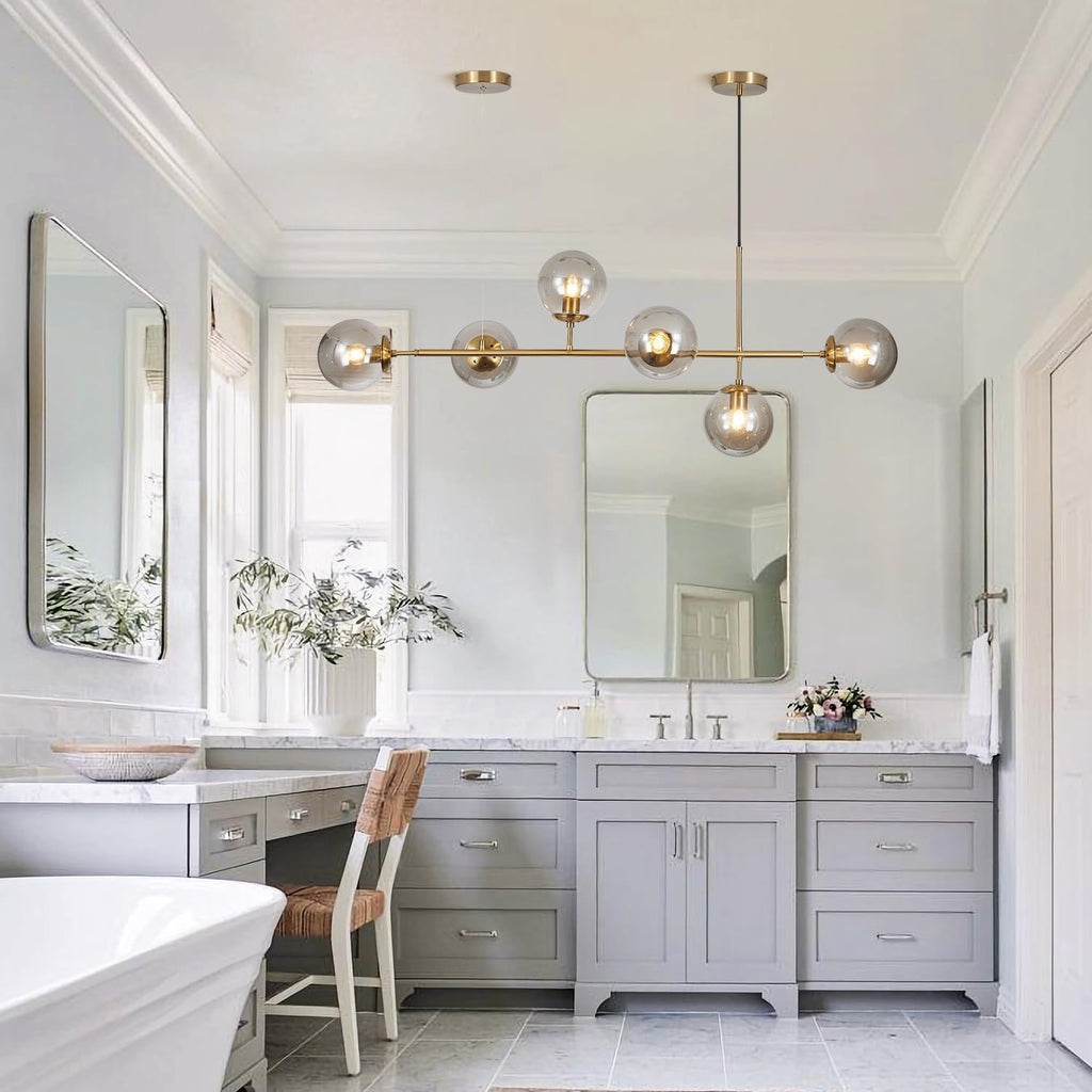 KCO Lighting 6-Light Globe Sputnik Chandelier | Brass Gold Linear Pendant with Smoke Glass Shades