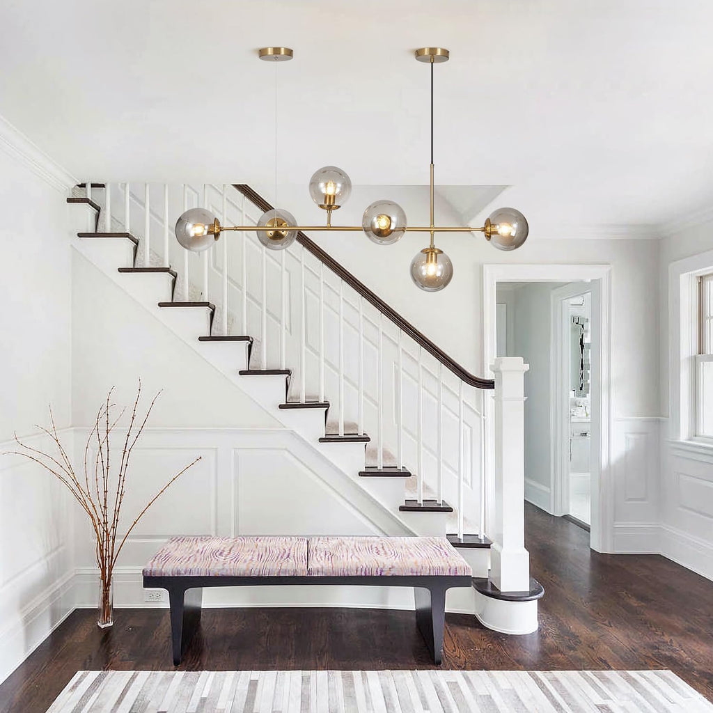 KCO Lighting 6-Light Globe Sputnik Chandelier | Brass Gold Linear Pendant with Smoke Glass Shades