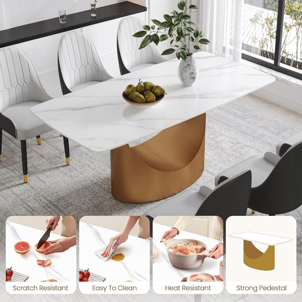 71" White Marble Sintered Stone Dining Table | Modern Gold U-Shape Pedestal Base