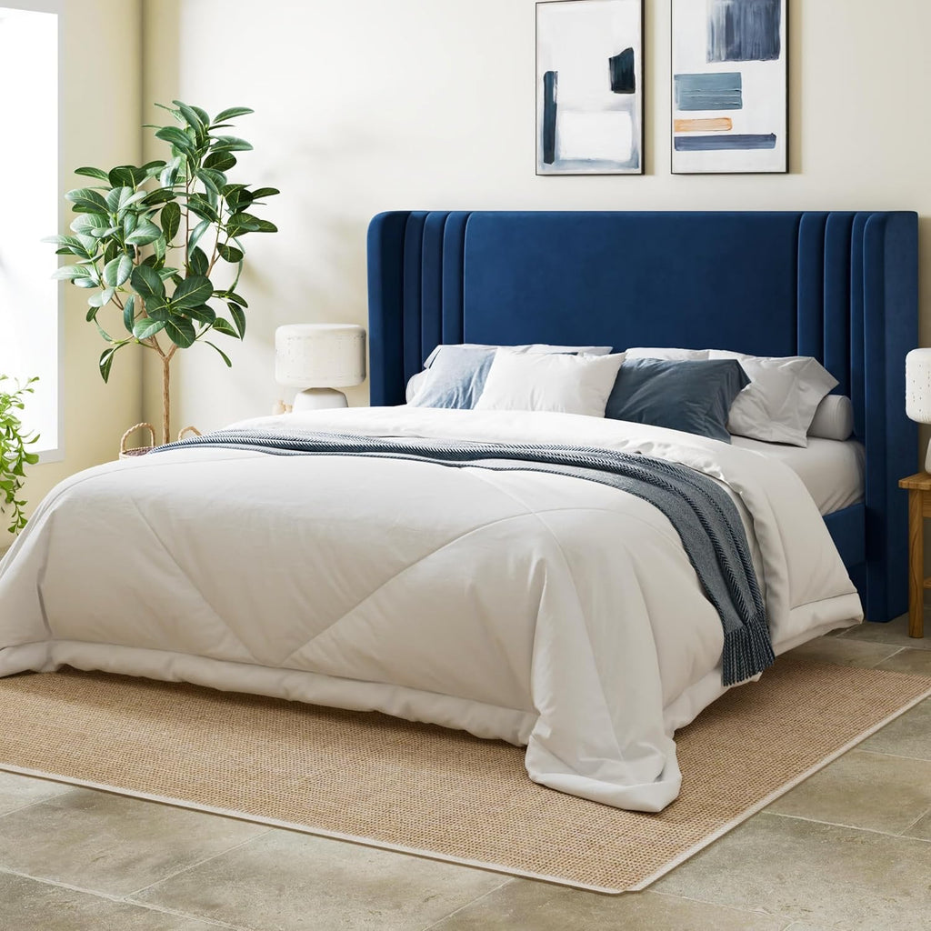 Allewie Queen Velvet Platform Bed Frame | Vertical Tufted Wingback Headboard with Underbed Storage (Blue)
