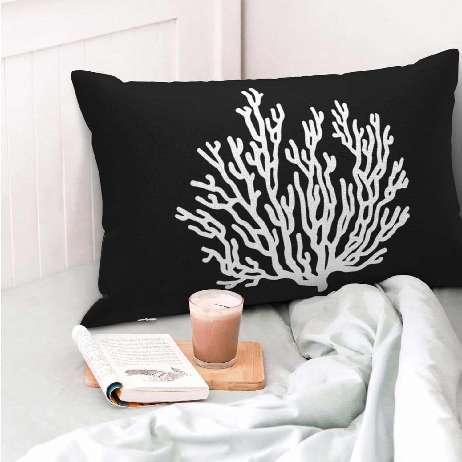 Coastal Starfish Lumbar Pillow Covers (12x20, Set of 2, Black) | Nautical Linen Throw Pillows for Sofa &amp; Bed