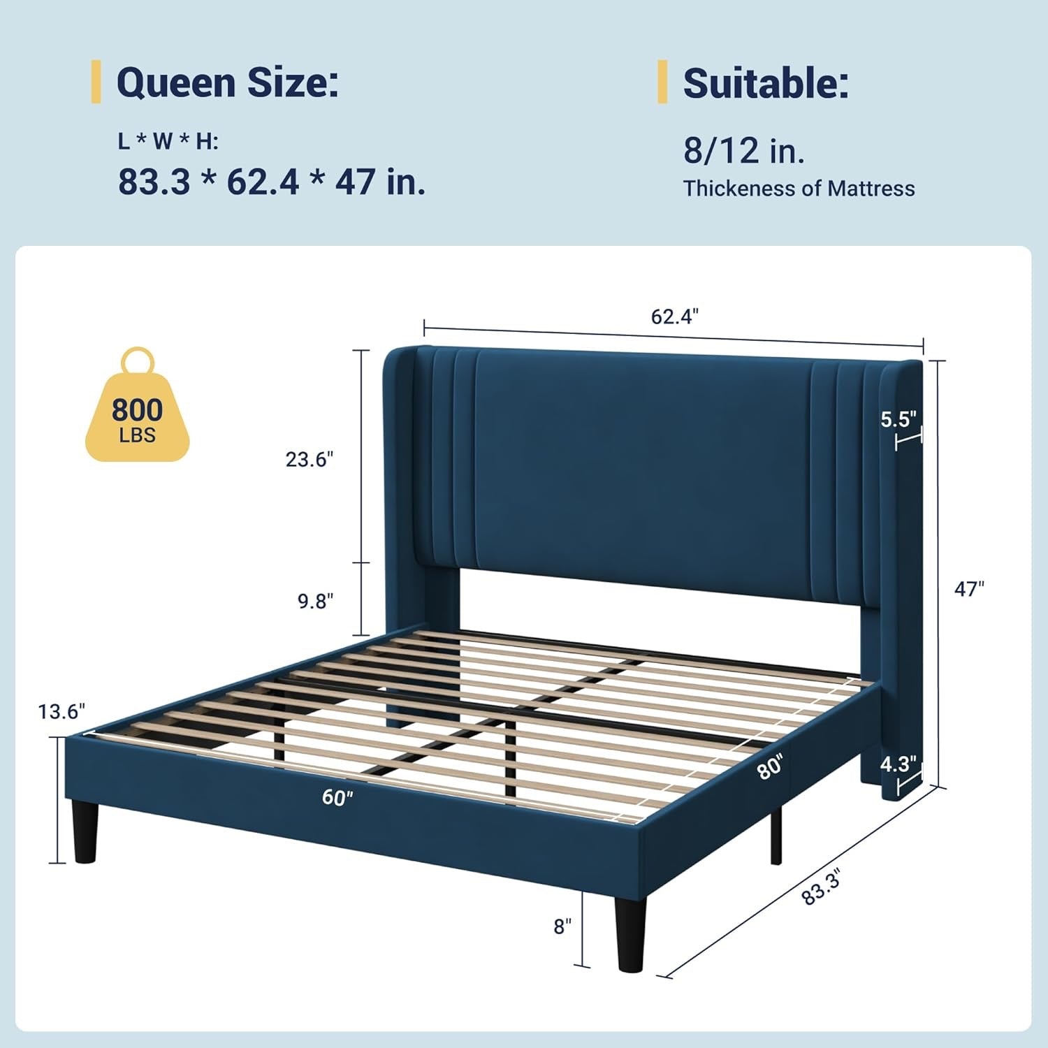 Allewie Queen Velvet Platform Bed Frame | Vertical Tufted Wingback Headboard with Underbed Storage (Blue)