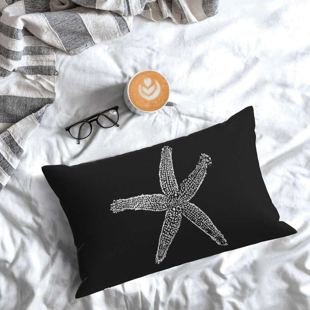 Coastal Starfish Lumbar Pillow Covers (12x20, Set of 2, Black) | Nautical Linen Throw Pillows for Sofa &amp; Bed