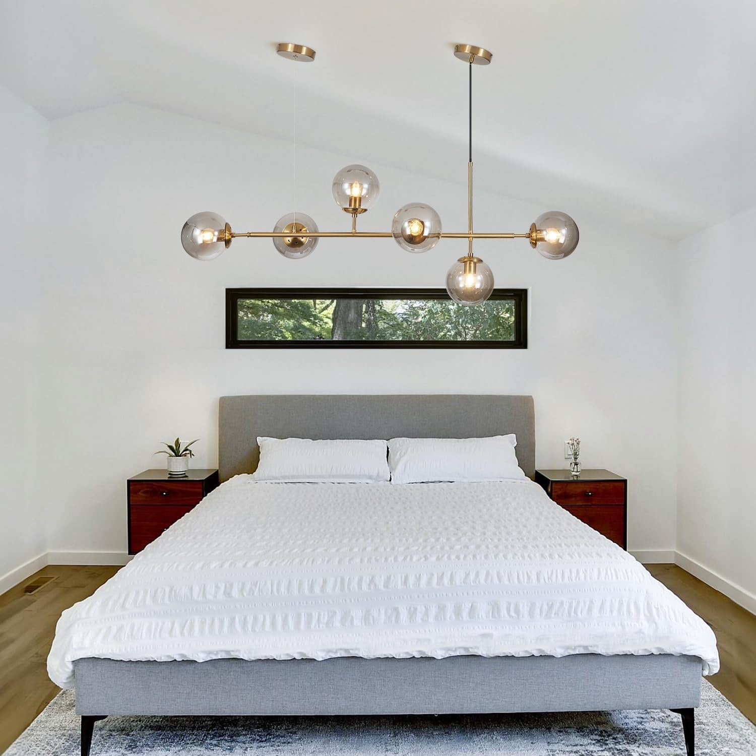KCO Lighting 6-Light Globe Sputnik Chandelier | Brass Gold Linear Pendant with Smoke Glass Shades