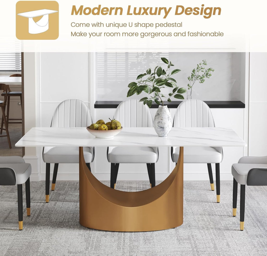 71" White Marble Sintered Stone Dining Table | Modern Gold U-Shape Pedestal Base