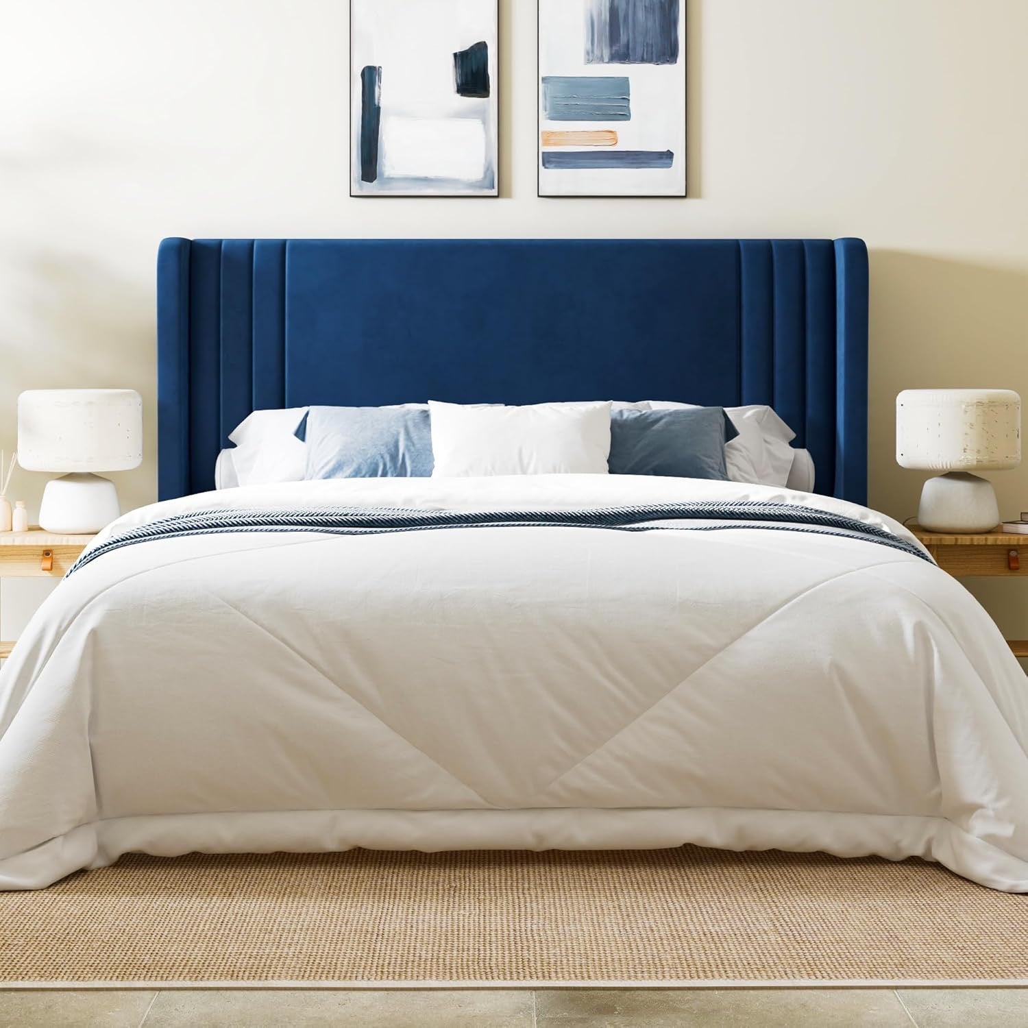 Allewie Queen Velvet Platform Bed Frame | Vertical Tufted Wingback Headboard with Underbed Storage (Blue)