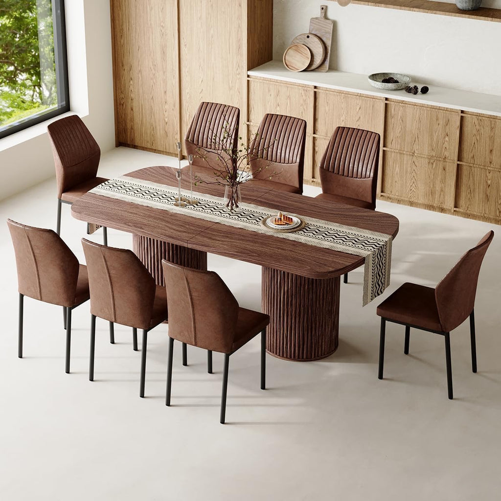 79" Walnut Mid-Century Dining Table Set for 8 | Modern Rectangular Table with Cushioned Chairs