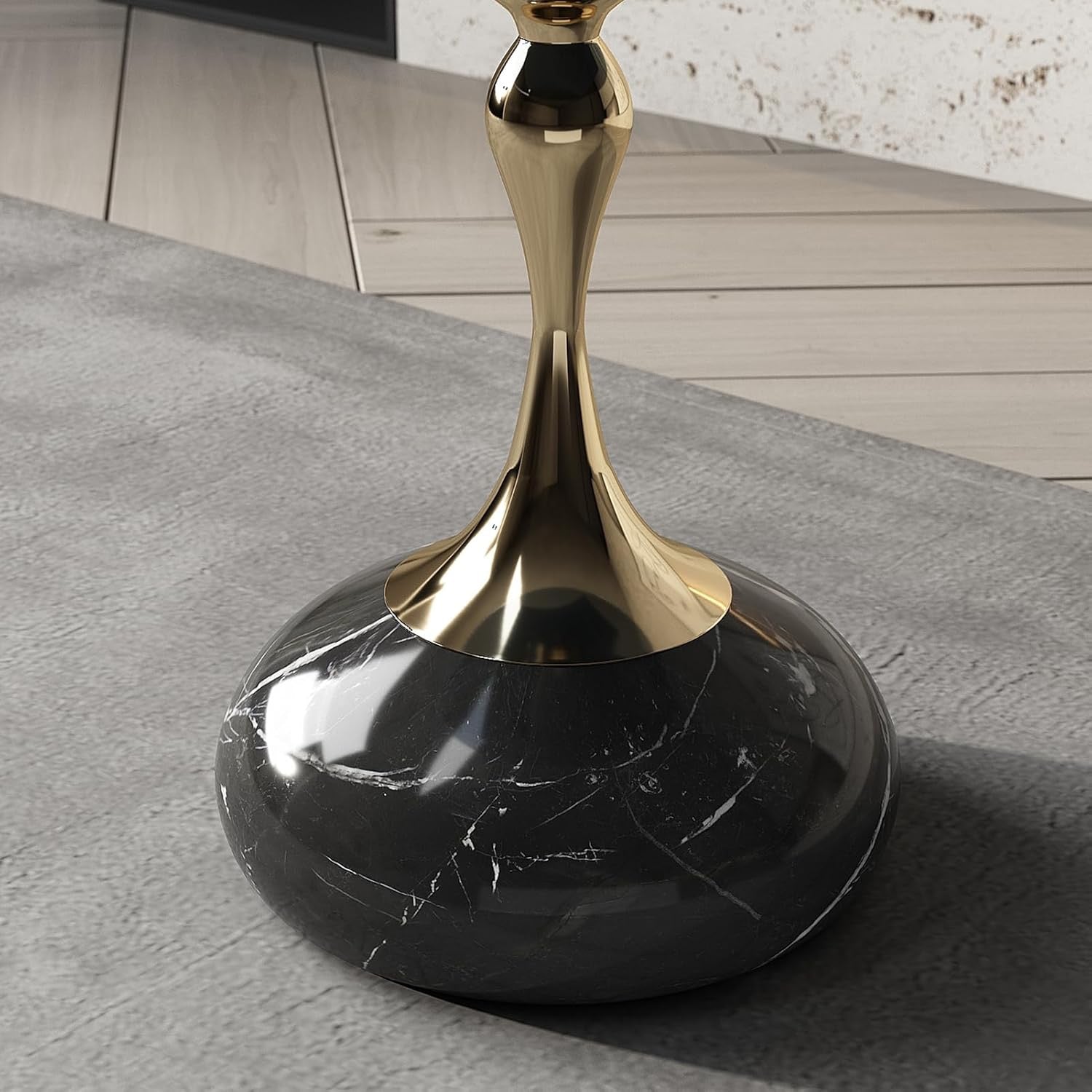 Lartis Tempered Glass Side Table | Gray Glass Accent Table with Marble Base & Gold/Black Frame