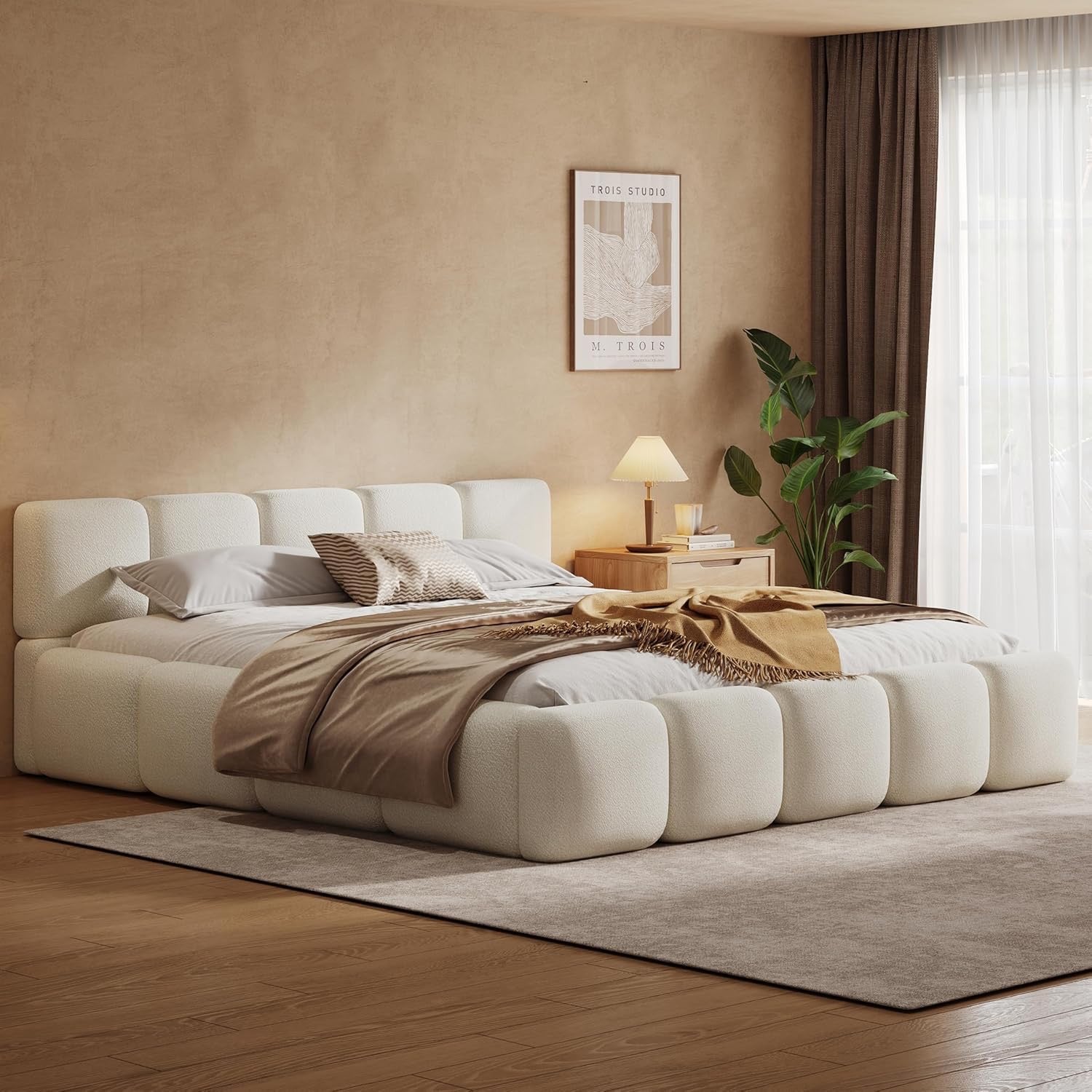 Merax California King Bouclé Platform Bed White | Upholstered Block Style Floor Bed Frame with Headboard & Footboard