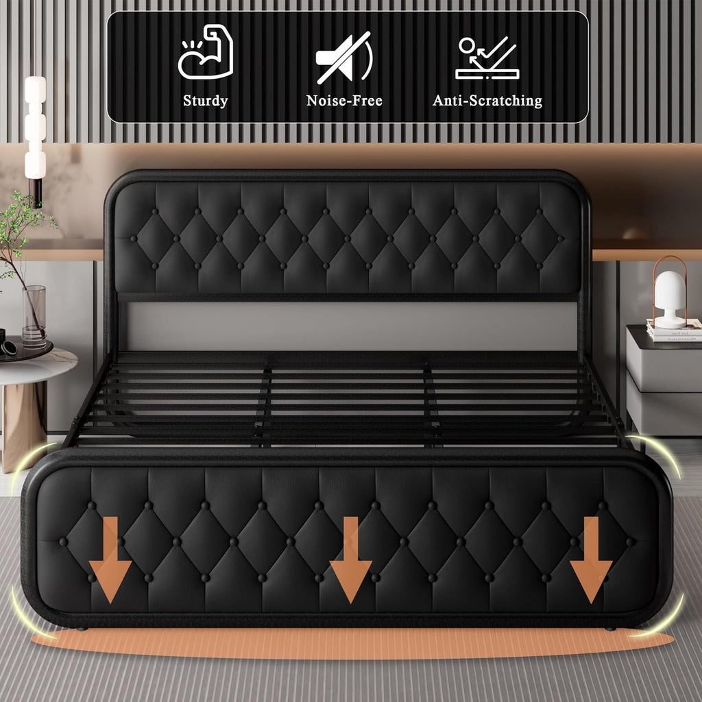 Feonase King Upholstered Platform Bed | Faux Leather Headboard with Metal Slat Support – Black