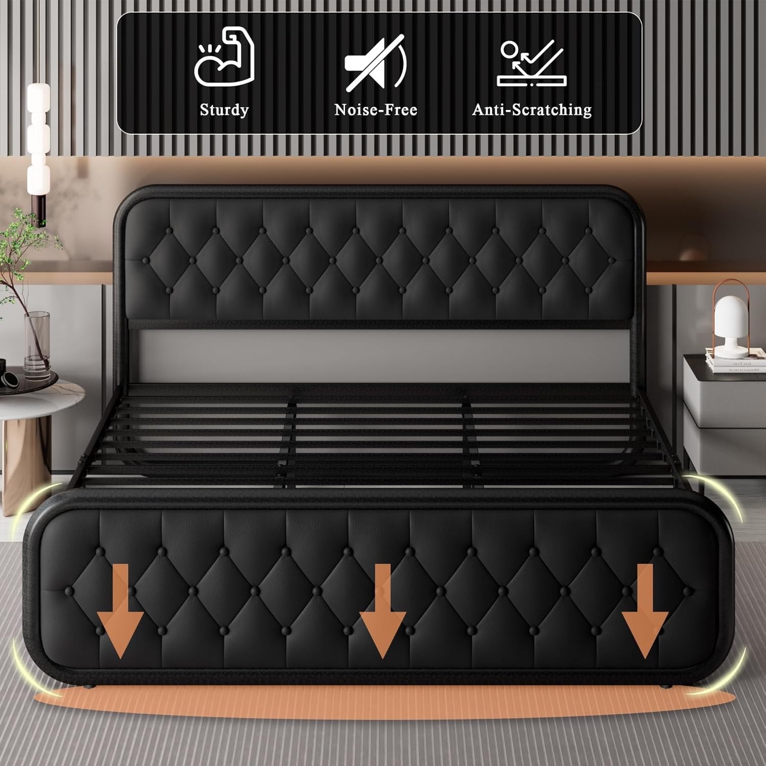 Feonase King Upholstered Platform Bed | Faux Leather Headboard with Metal Slat Support – Black