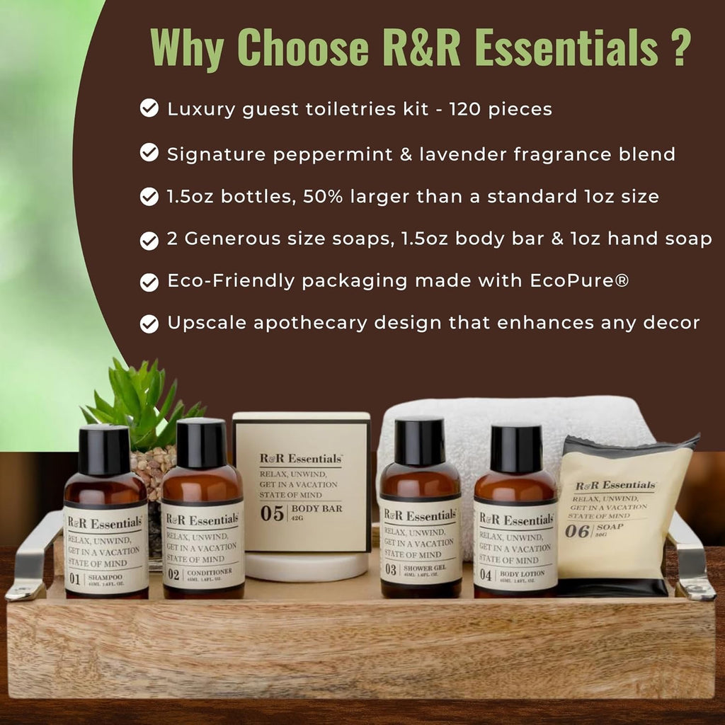R&R Essentials Hotel Soaps & Toiletries Bundle | Travel-Size Vacation Home Amenities Kit