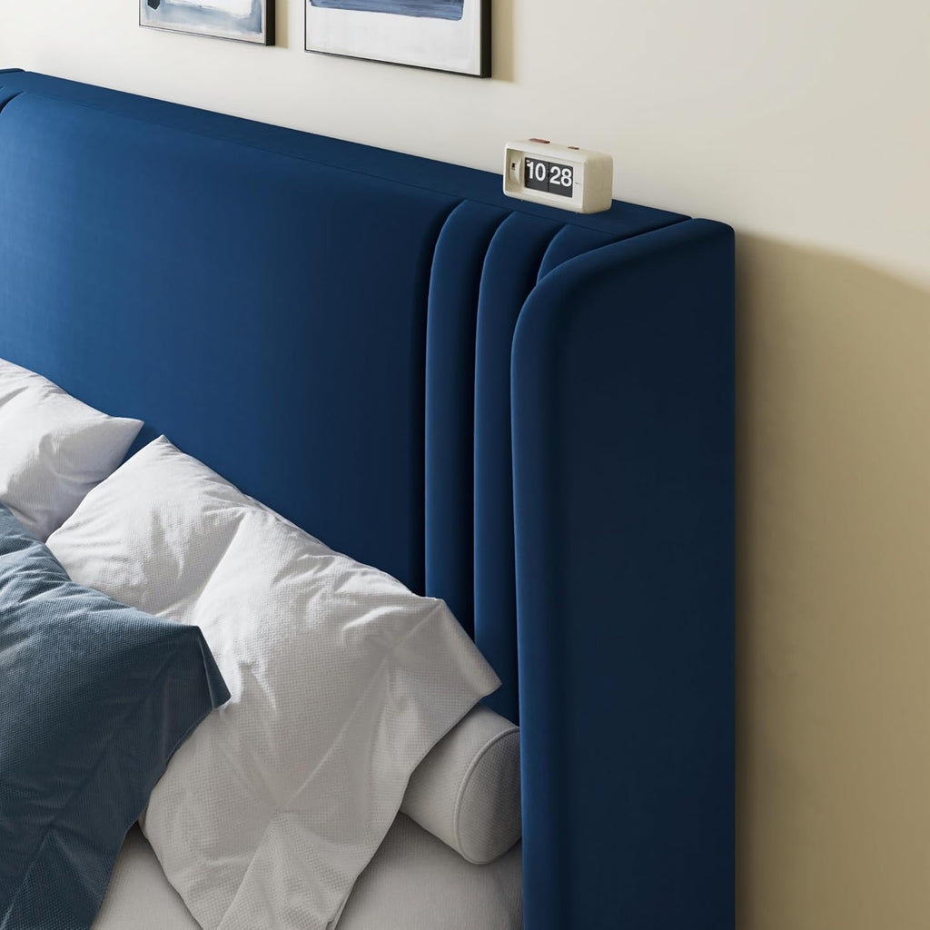 Allewie Queen Velvet Platform Bed Frame | Vertical Tufted Wingback Headboard with Underbed Storage (Blue)