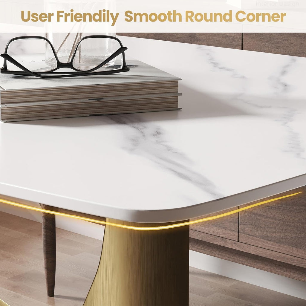 71" White Marble Sintered Stone Dining Table | Modern Gold U-Shape Pedestal Base