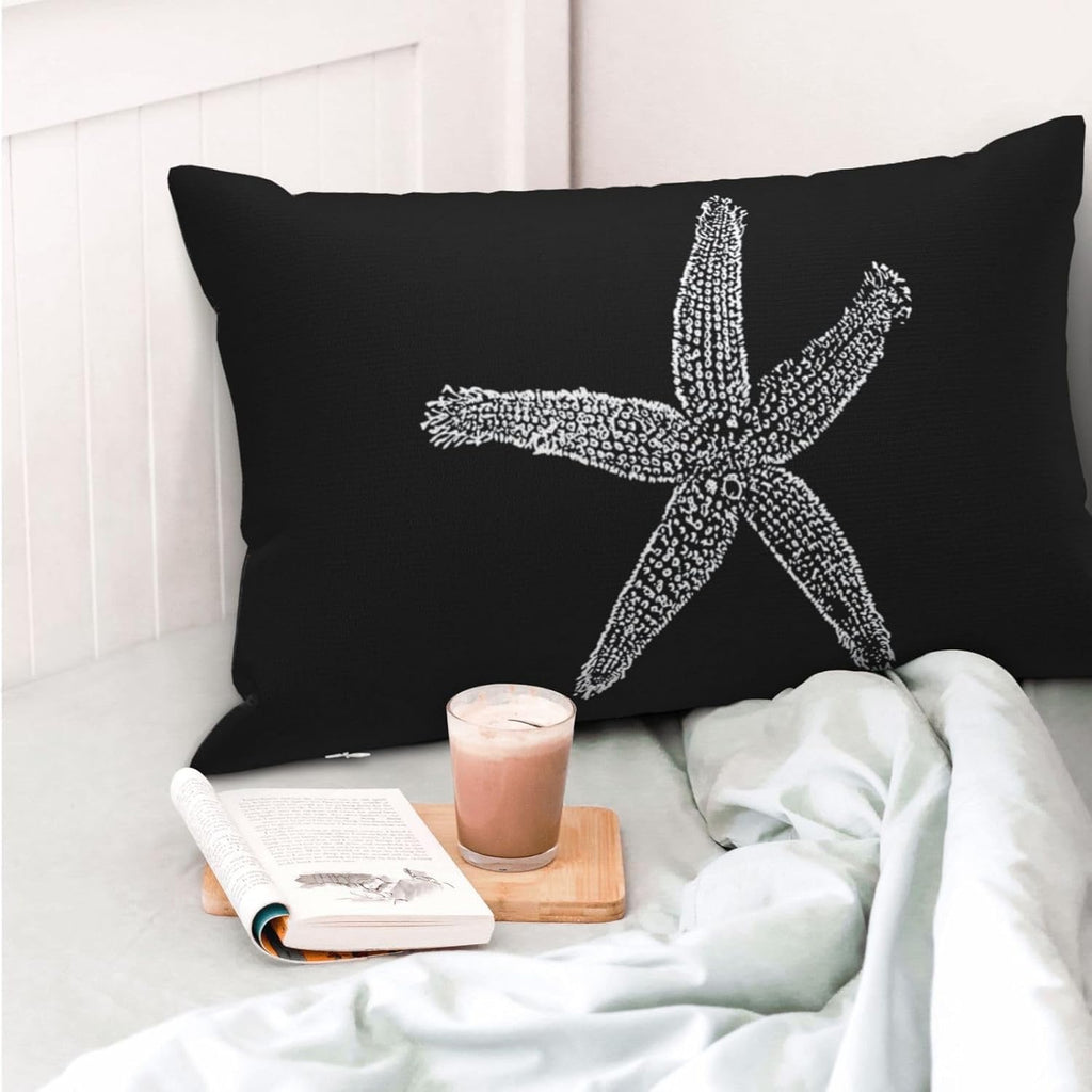 Coastal Starfish Lumbar Pillow Covers (12x20, Set of 2, Black) | Nautical Linen Throw Pillows for Sofa &amp; Bed