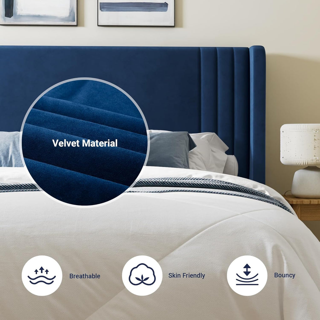 Allewie Queen Velvet Platform Bed Frame | Vertical Tufted Wingback Headboard with Underbed Storage (Blue)