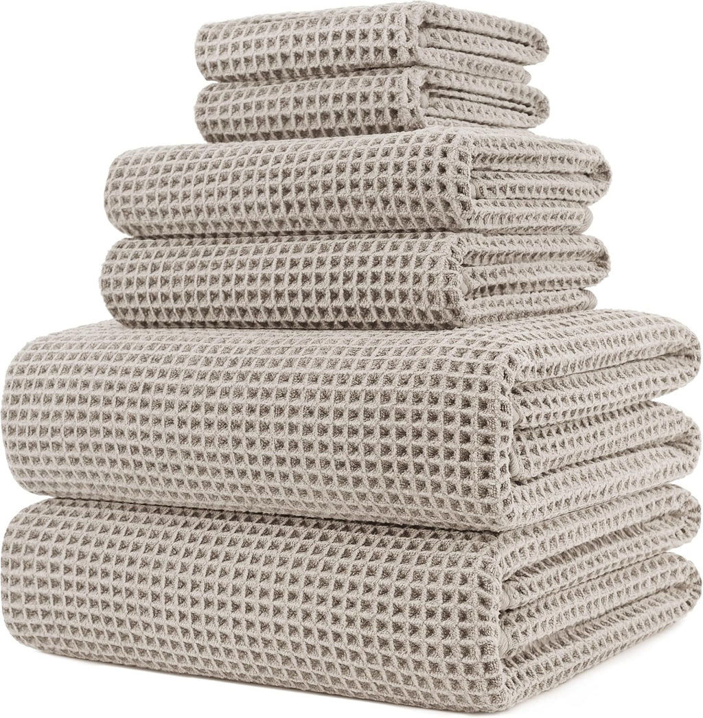 POLYTE 6-Piece Waffle Weave Bath Towel Set | Oversized Quick-Dry 430 GSM Microfiber Towels