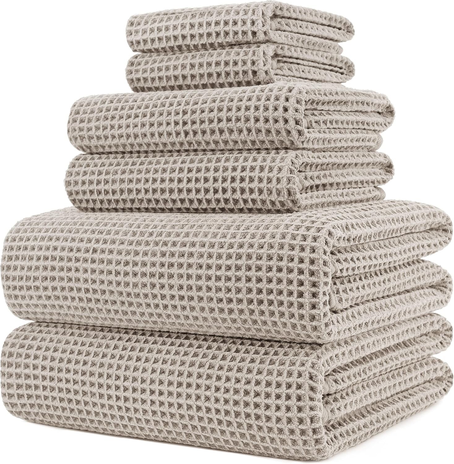 POLYTE 6-Piece Waffle Weave Bath Towel Set | Oversized Quick-Dry 430 GSM Microfiber Towels