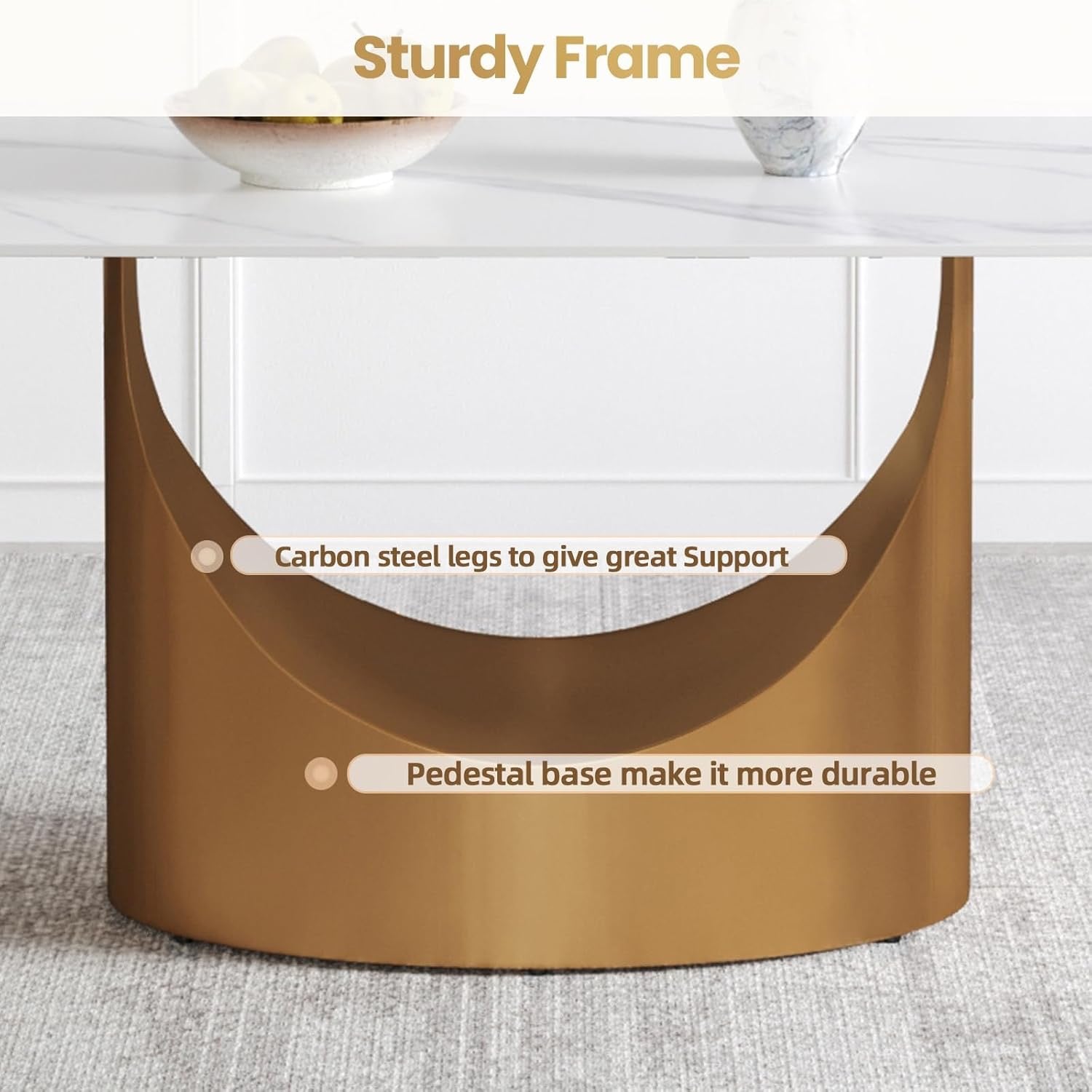 71" White Marble Sintered Stone Dining Table | Modern Gold U-Shape Pedestal Base