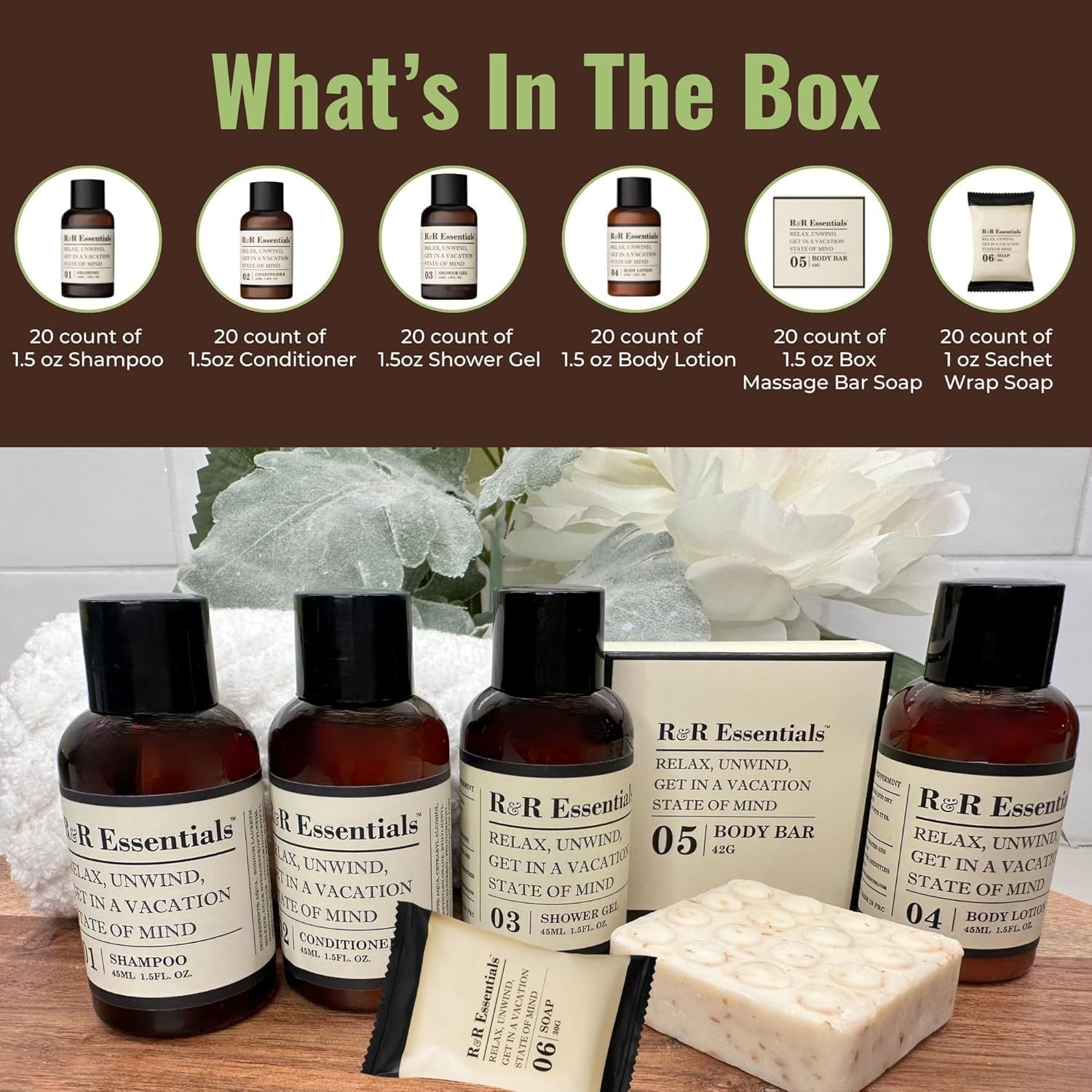 R&R Essentials Hotel Soaps & Toiletries Bundle | Travel-Size Vacation Home Amenities Kit