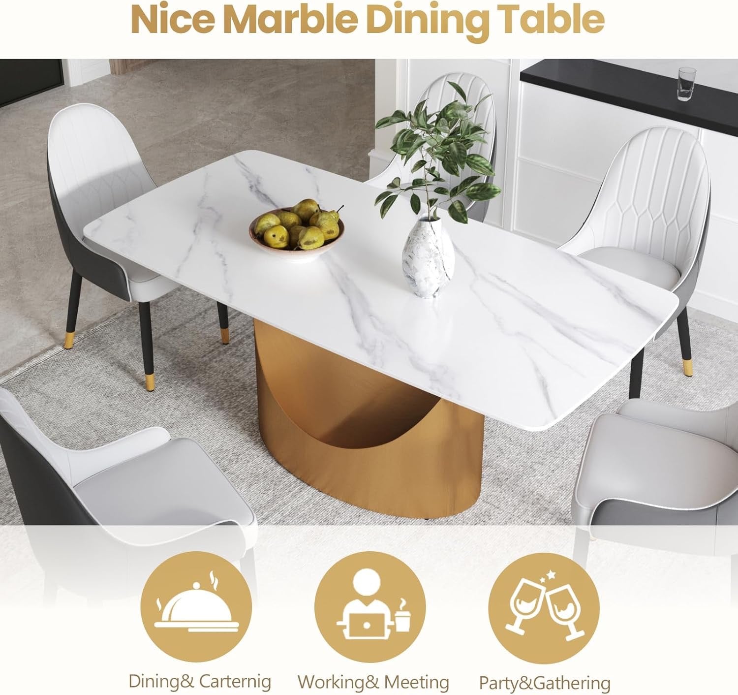 71" White Marble Sintered Stone Dining Table | Modern Gold U-Shape Pedestal Base