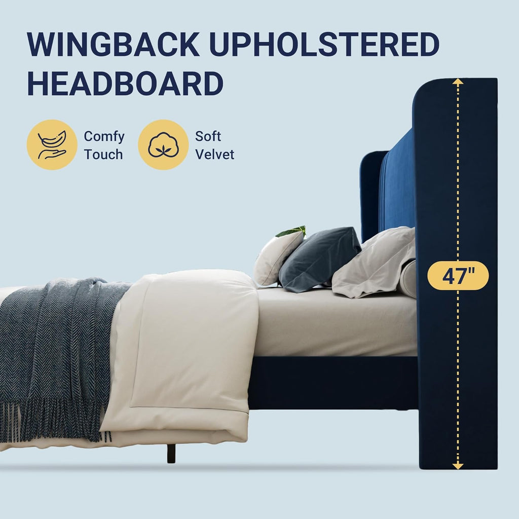 Allewie Queen Velvet Platform Bed Frame | Vertical Tufted Wingback Headboard with Underbed Storage (Blue)