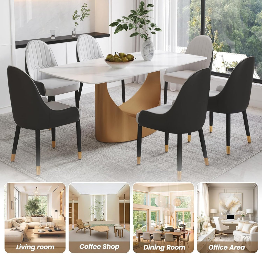 71" White Marble Sintered Stone Dining Table | Modern Gold U-Shape Pedestal Base