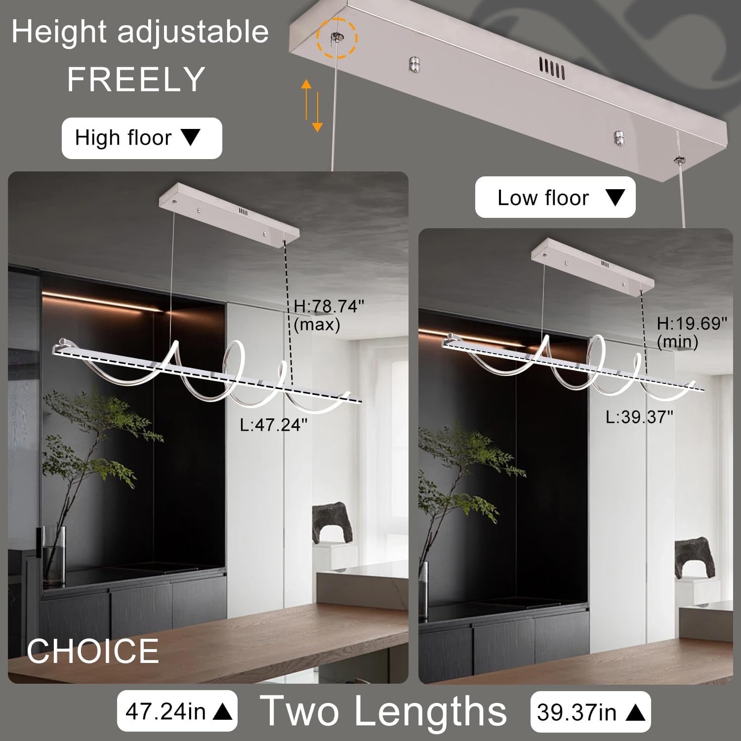 47” Modern LED Snake-Shaped Chandelier | Dimmable Twist Pendant Light for Kitchen Island & Dining Table