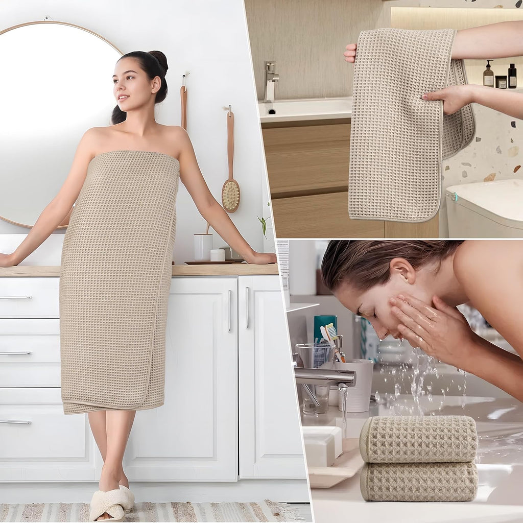 POLYTE 6-Piece Waffle Weave Bath Towel Set | Oversized Quick-Dry 430 GSM Microfiber Towels