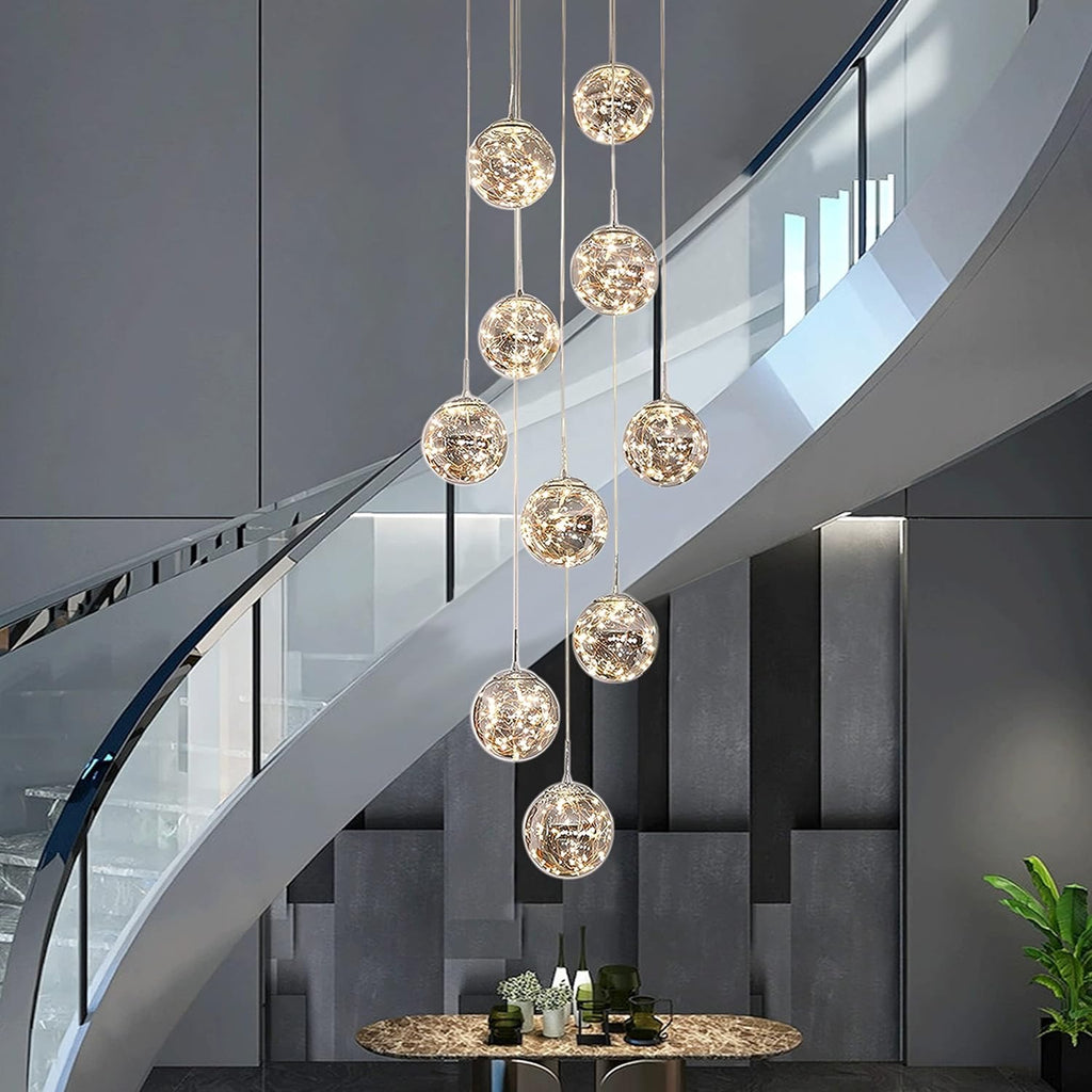 10-Light LED Staircase Crystal Chandelier | Modern Ceiling Light for High Ceilings (Grey, 50W)