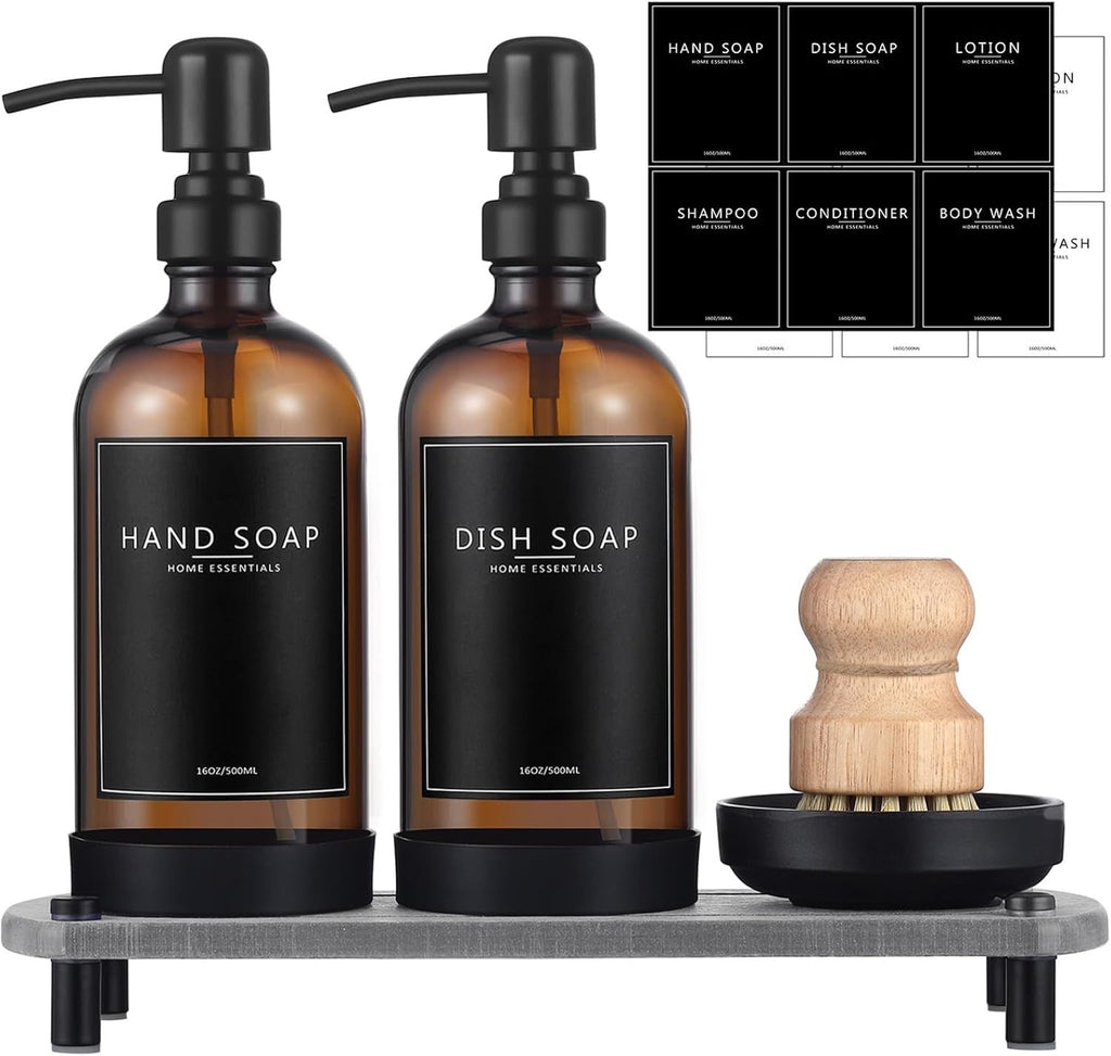 Amber Glass Kitchen Soap Dispenser Set 16 oz | Dual Hand & Dish Soap Bottles with Stainless Steel Pump & Tray