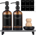 Amber Glass Kitchen Soap Dispenser Set 16 oz | Dual Hand & Dish Soap Bottles with Stainless Steel Pump & Tray