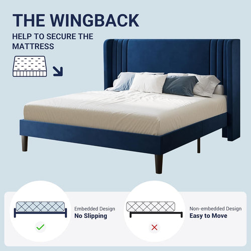 Allewie Queen Velvet Platform Bed Frame | Vertical Tufted Wingback Headboard with Underbed Storage (Blue)