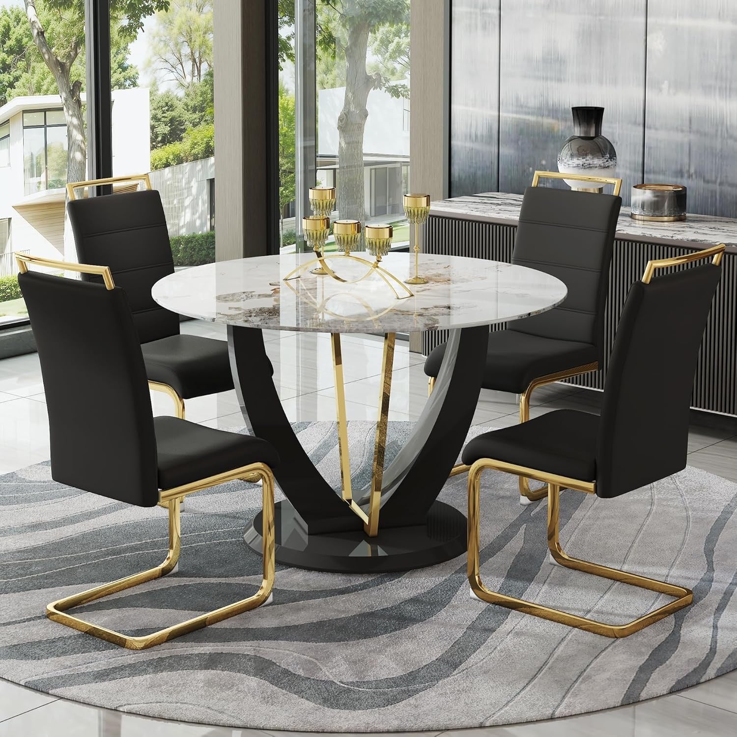JUFU 48" Round Faux Marble Dining Table Set for 4 | Modern Upholstered Dining Chairs