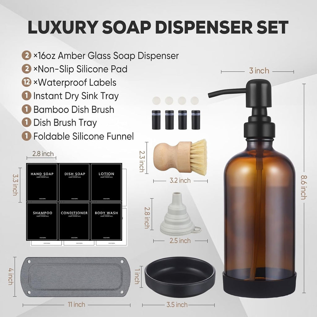 Amber Glass Kitchen Soap Dispenser Set 16 oz | Dual Hand & Dish Soap Bottles with Stainless Steel Pump & Tray
